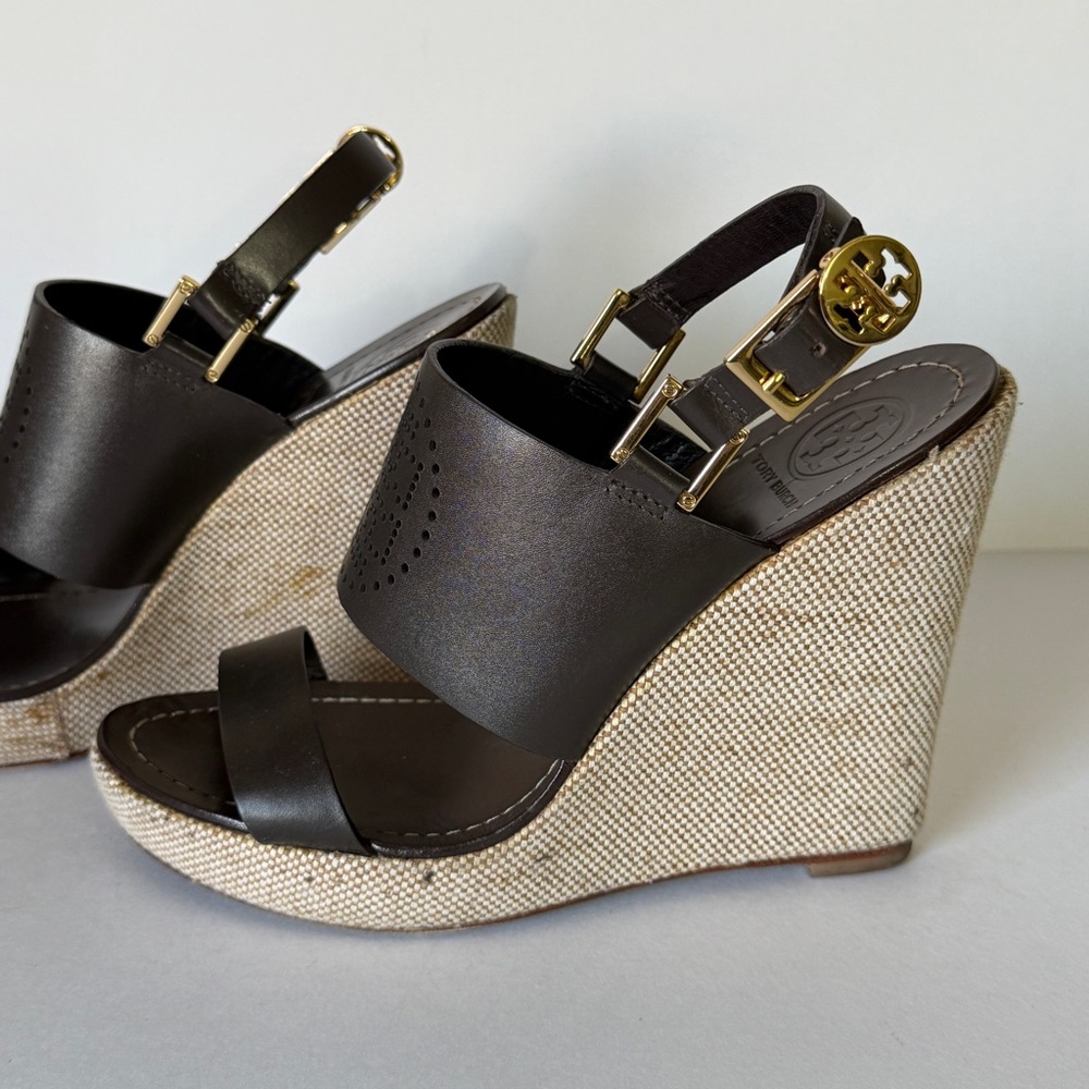 Tory Burch Kimberly Brown Leather Platform Wedge Buckle Strappy Sandals Size 7.5 - Picture 8 of 14